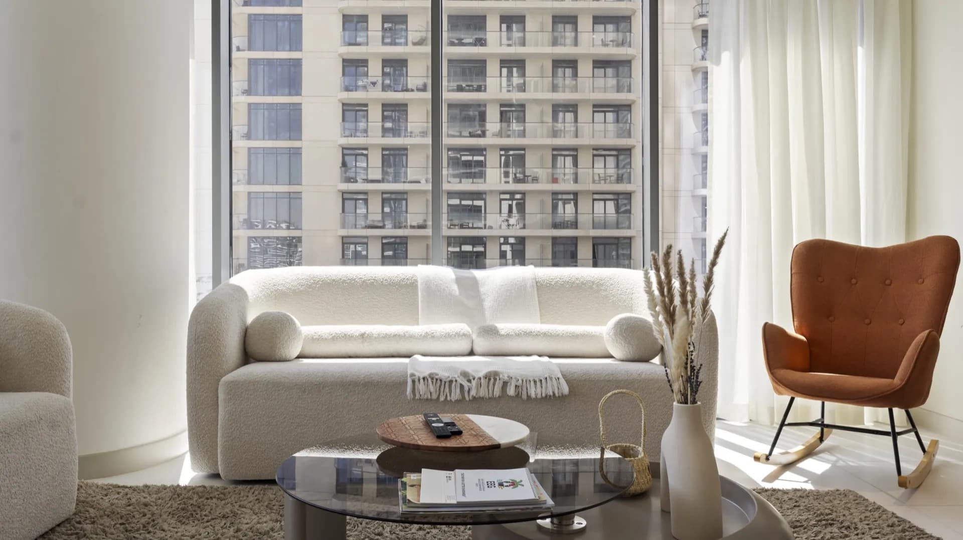 Editorial Dubai apartment interior at golden hour